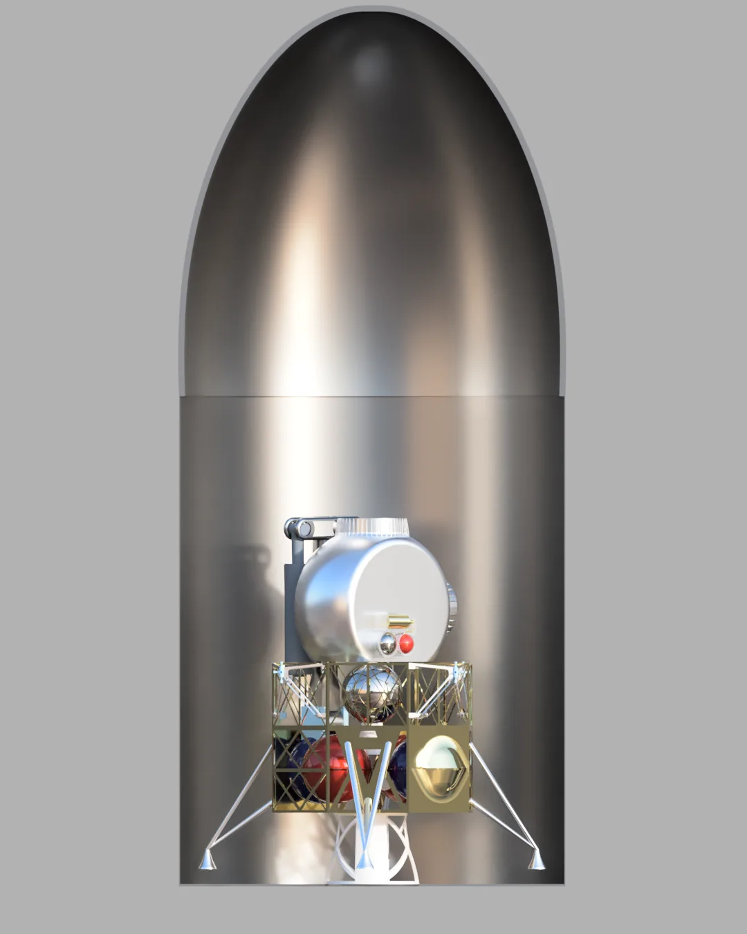 Lunar lander CAD model shown stowed inside the launch vehicle fairing